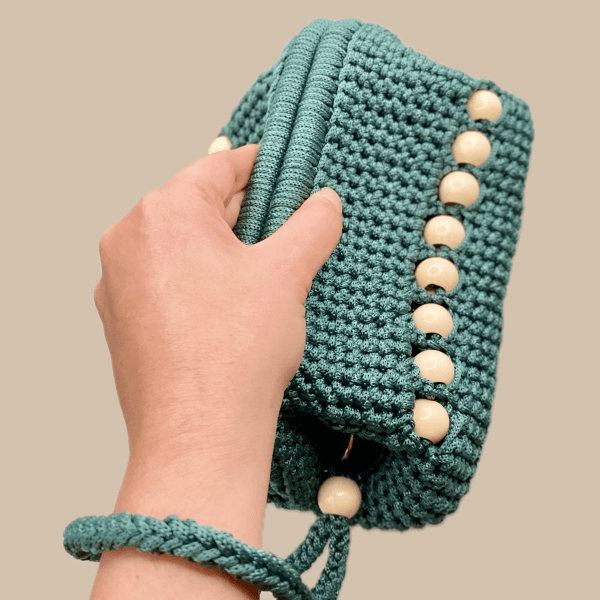 Dark Green Crochet Clutch Bag with Satin Lining &ndash; Handmade with Wooden Beads & Wrist Strap &ndash; Luxury Gift